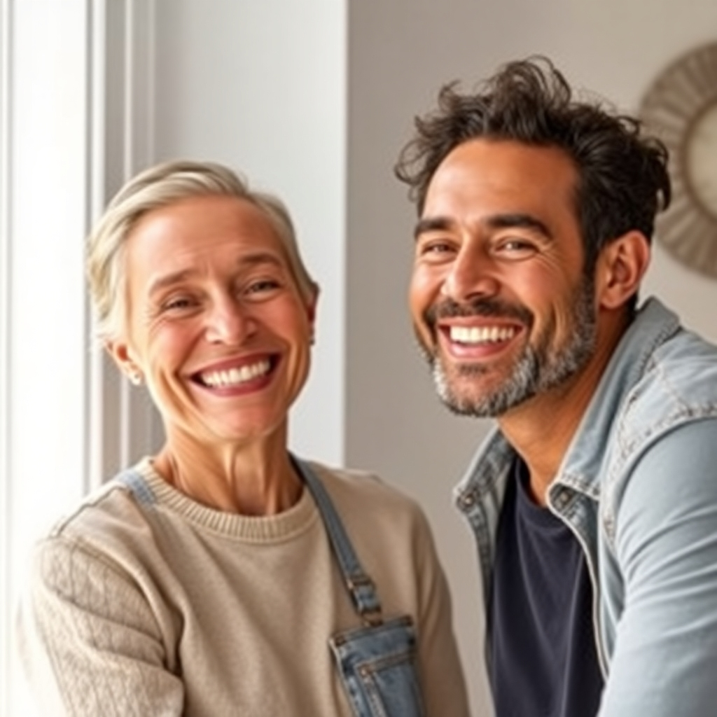 A photorealistic image depicting a satisfied client smiling warmly next to the recently painted walls of their home. It should be bright, with clear expressions of joy. The image should be well-lit and convey a feeling of trust and contentment.