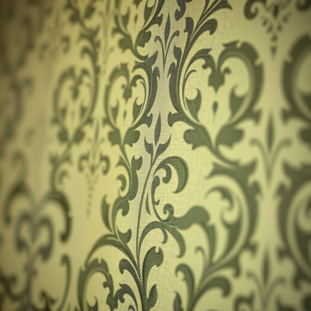 A photorealistic image focusing on a detailed close-up of a beautifully hung wallpaper, emphasizing its pattern, color, and flawless installation. The lighting should highlight the quality of the wallpaper and its installation.