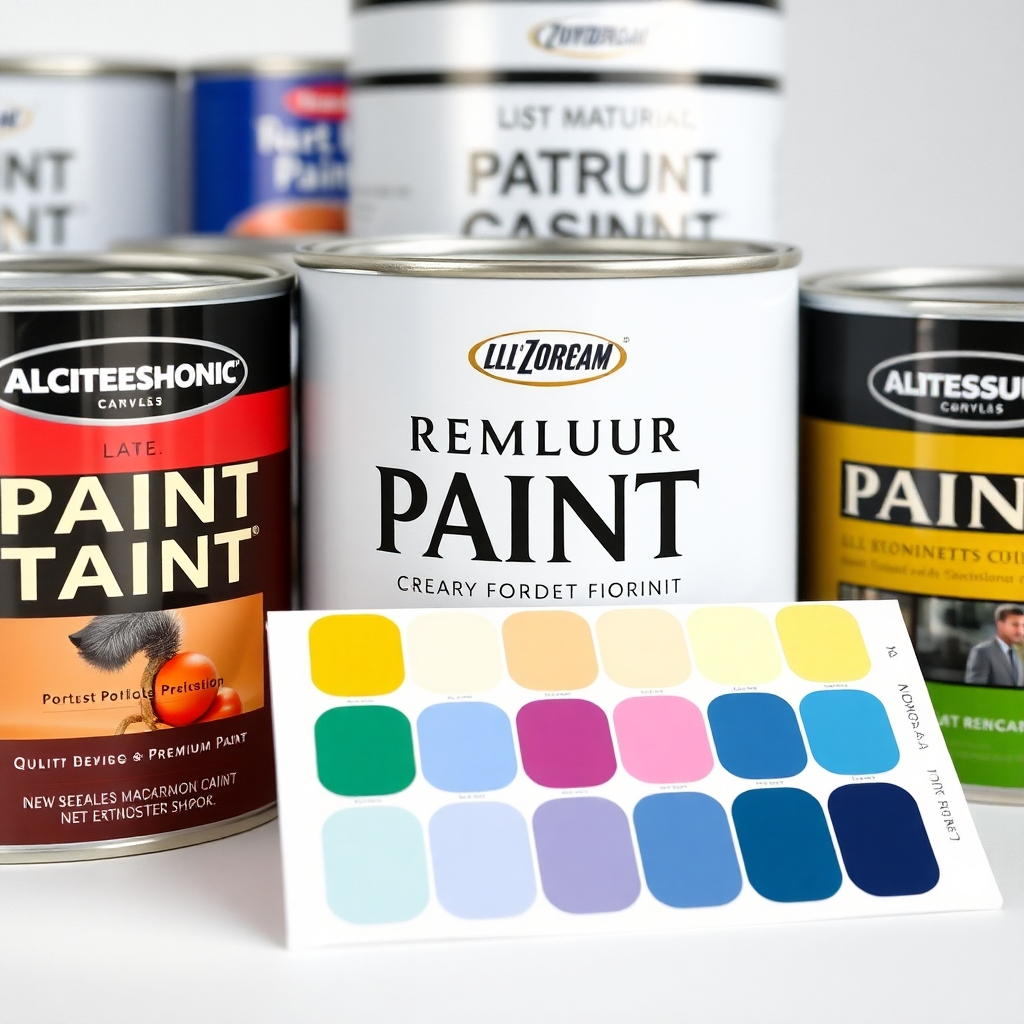 A photorealistic image focusing on several paint cans with premium paint brand labels visible, showcasing the quality and variety. A paint swatch showing color options is visible. The overall style is clean, and the lighting focuses on the paint colors and the product details.