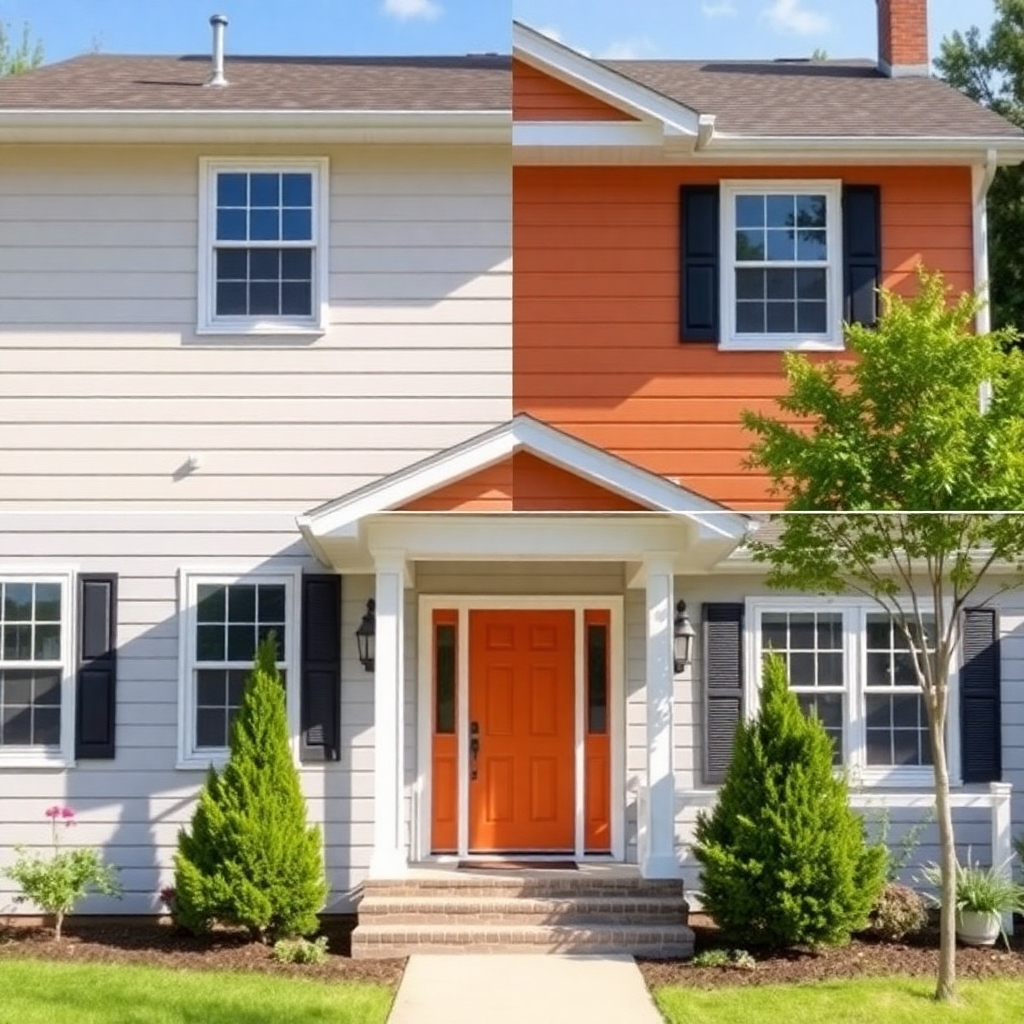 A photorealistic image of a house exterior that has been freshly painted, highlighting the vibrant colors and the smooth, even finish. The image should showcase the improved curb appeal.