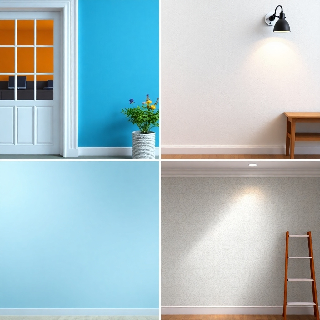 A photorealistic image showcasing a variety of interior and exterior painting services. One section of the photo could show an exterior wall with fresh paint, another showcasing a beautifully painted interior wall with a unique texture, and a third with wallpaper installation. The lighting should showcase the various painting jobs.