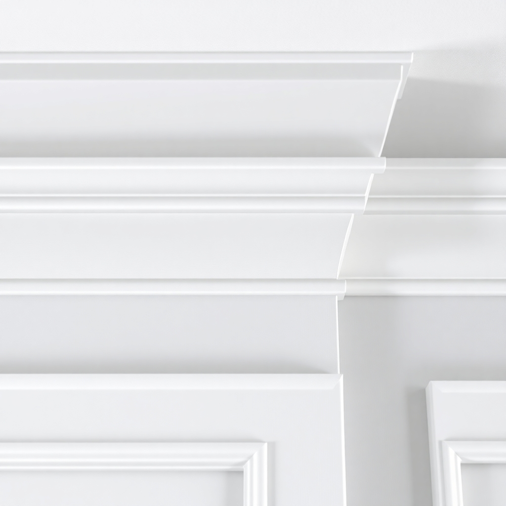 A photorealistic image showcasing a close-up of expertly painted crown molding with detailed textures and clean lines, highlighting the precision and care taken in the painting process. The lighting should be bright, showcasing the details, and the color palette should be neutral but luxurious, focusing on the crisp white color of the molding against a soft gray wall.