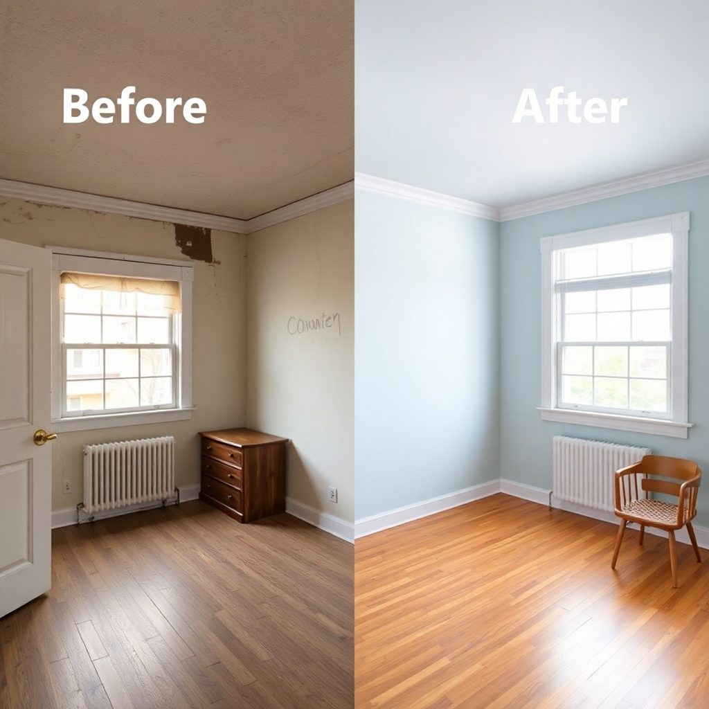 A photorealistic image showing a before-and-after shot of a room that has been professionally painted. The 'before' shot should be dull and worn, and the 'after' shot should be bright and inviting, highlighting the transformation and value of the service.